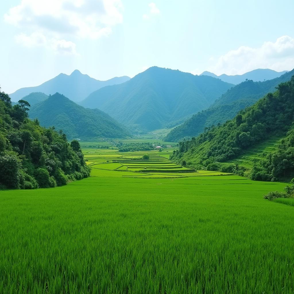 Khung cảnh thiên nhiên yên bình tại Xã Yên Minh, Tỉnh Tuyên Quang với núi đồi xanh tươi và ruộng bậc thang